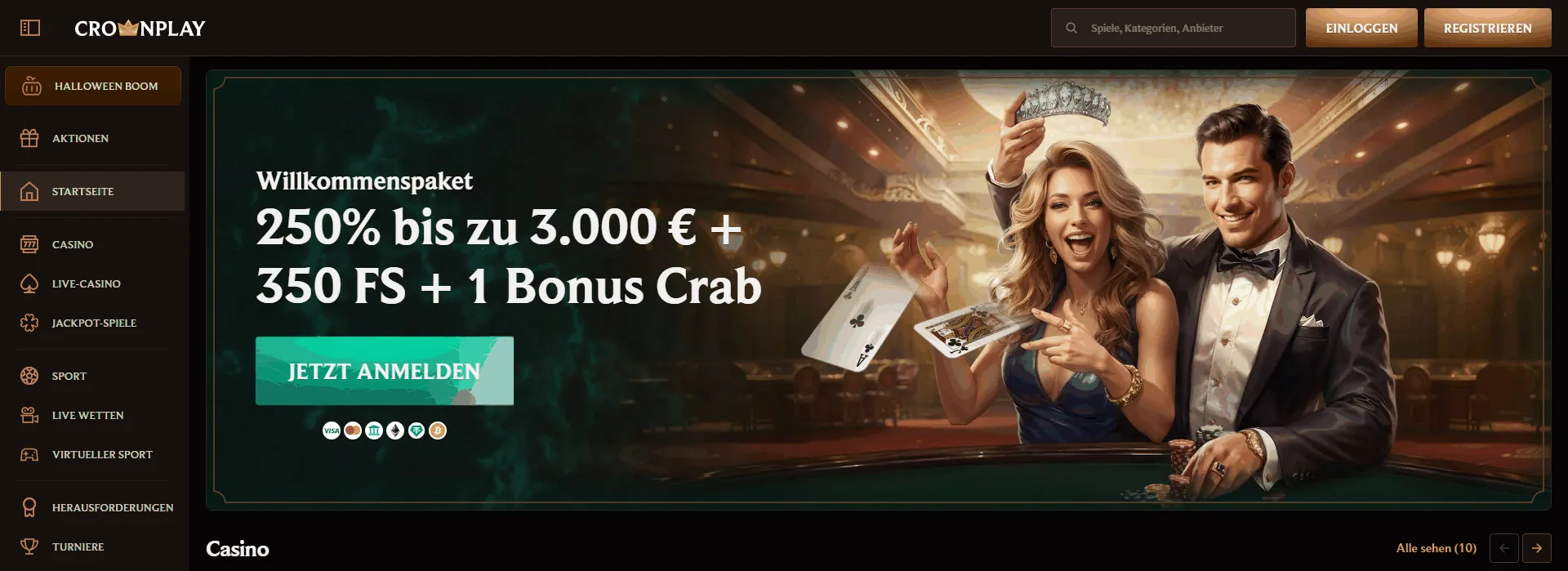 Lobby des Online Casinos CrownPlay